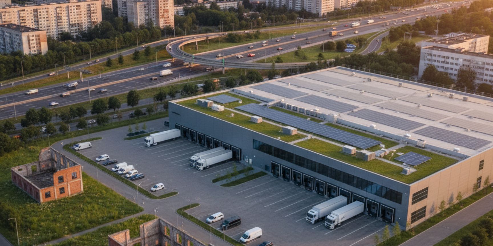 Aerial view of a modern, sustainable logistics hall with a green roof and solar panels, surrounded by two historic ruins as a symbol of past use. A busy highway and a city backdrop are visible in the background at sunset.